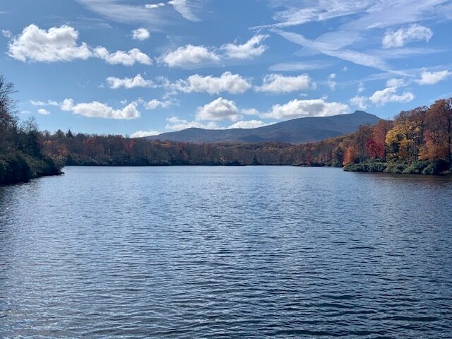 River with mountain view in the background.