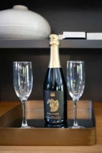 Champagne bottle with two glasses on a dark shelf.