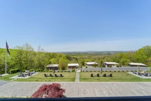 A view of a green lawn with trees from a balcony.