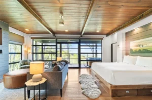 Open concept room with bed and sofa.