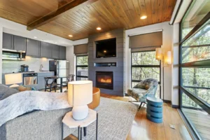 kitchen with wood accents and island seating.