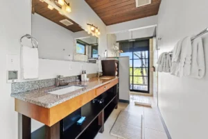 Modern room with wooden cabinets.
