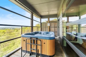 A room with a hot tub.