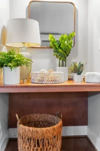 Small entryway with plants, lamp, mirror, and woven basket.