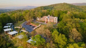 Aerial view of lodge with trees and mountain backdrop.