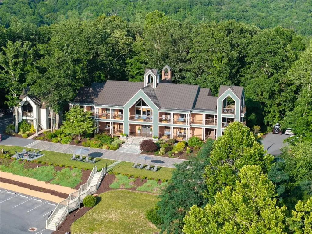 Aerial view of Iris Inn overlooking the Shenandoah Valley surrounded by forest.